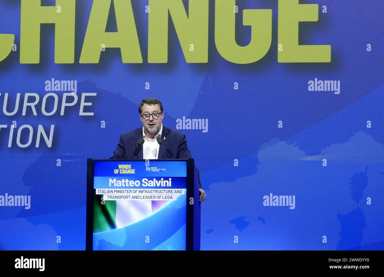 Rom, Italien. März 2024. Matteo Salvini, Vorsitzender der Lega-Partei, spricht am 23. März 2024 in Rom. Salvini war Vorsitzender der Konvention für Identität und Demokratie, einer Fraktion, die die rechten Parteien im Europäischen Parlament, einschließlich der italienischen Lega per Salvini, zusammenbringt. (Foto: Elisa Gestri/SIPA USA) Credit: SIPA USA/Alamy Live News Stockfoto