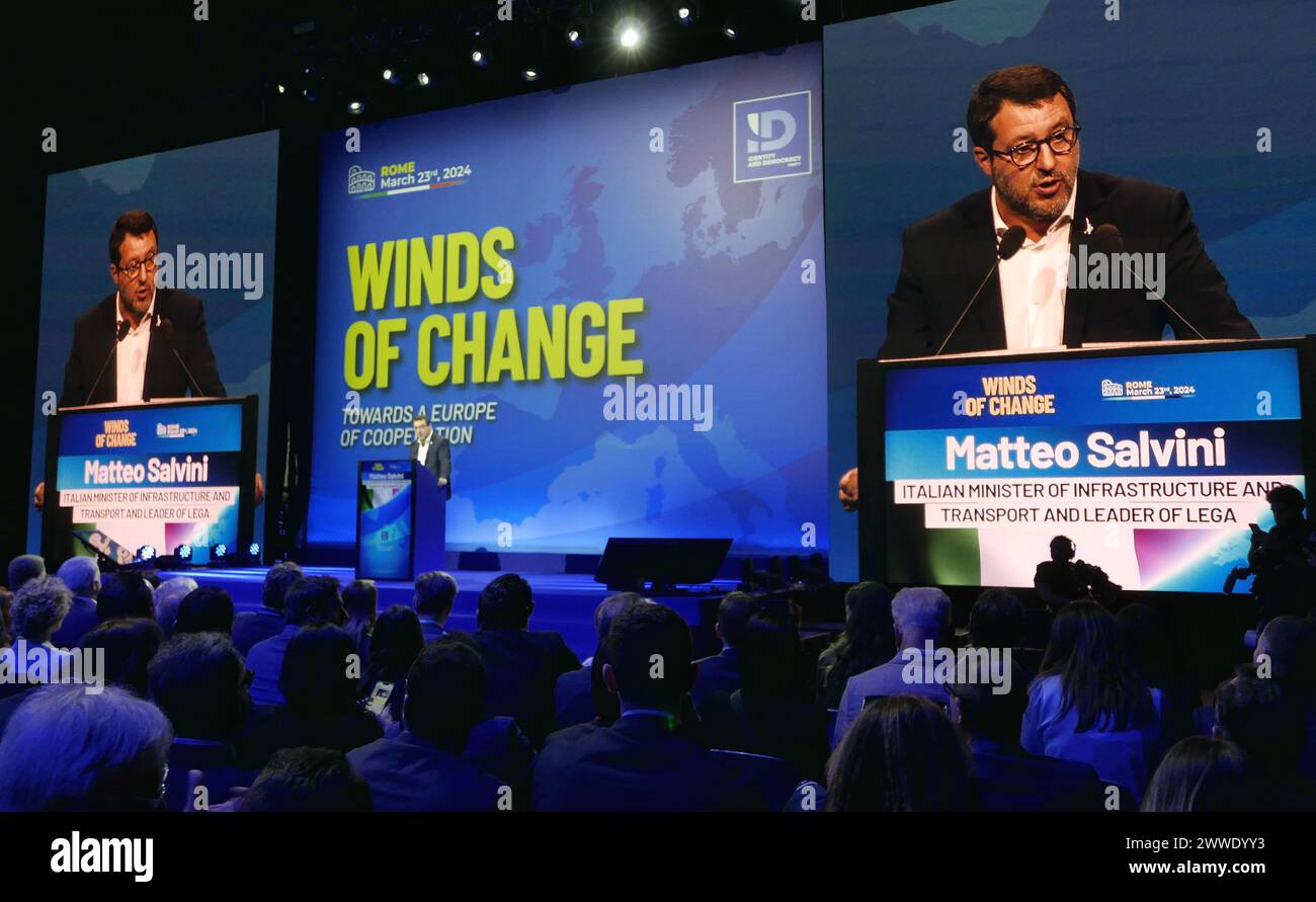 Rom, Italien. März 2024. Matteo Salvini, Vorsitzender der Lega-Partei, spricht am 23. März 2024 in Rom. Salvini war Vorsitzender der Konvention für Identität und Demokratie, einer Fraktion, die die rechten Parteien im Europäischen Parlament, einschließlich der italienischen Lega per Salvini, zusammenbringt. (Foto: Elisa Gestri/SIPA USA) Credit: SIPA USA/Alamy Live News Stockfoto