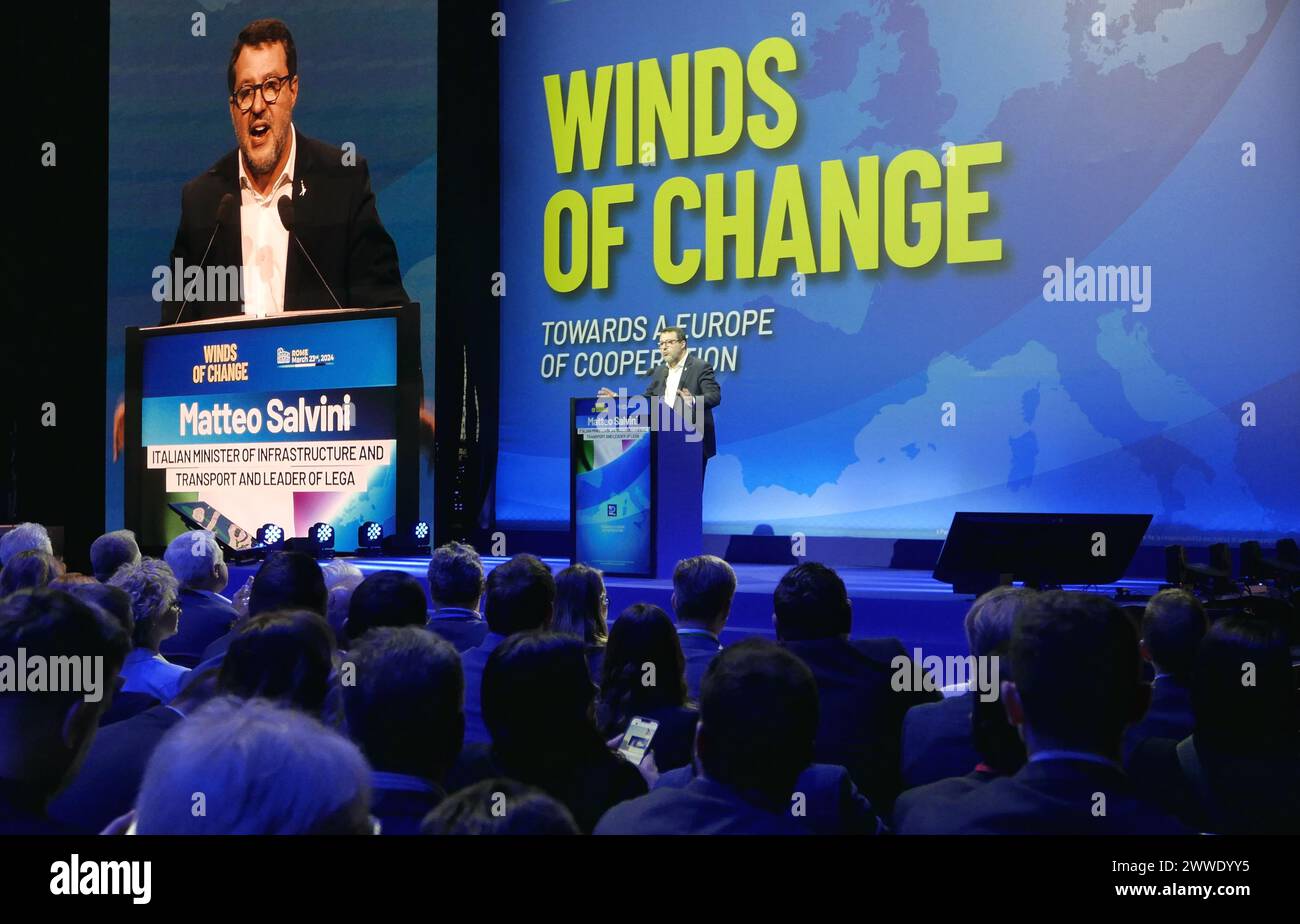Rom, Italien. März 2024. Matteo Salvini, Vorsitzender der Lega-Partei, spricht am 23. März 2024 in Rom. Salvini war Vorsitzender der Konvention für Identität und Demokratie, einer Fraktion, die die rechten Parteien im Europäischen Parlament, einschließlich der italienischen Lega per Salvini, zusammenbringt. (Foto: Elisa Gestri/SIPA USA) Credit: SIPA USA/Alamy Live News Stockfoto