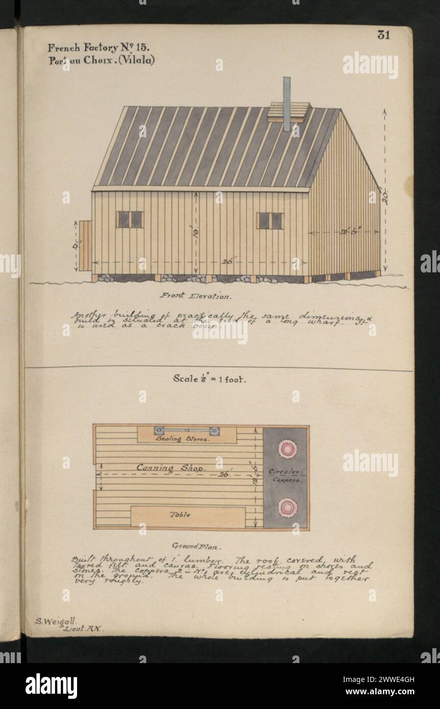 Beschreibung: Französische Fabrik Nr. 15. Port au Choix. (Vilala). Vordere Hubhöhe. Ein weiteres Gebäude mit praktisch den gleichen Abmessungen und Bauten befindet sich am Ende einer langen Anlegestelle. Es wird als Rissraum genutzt. Ort: Port au Choix, Kanada Datum: 1892 Beschreibung: French Factory No. 15. Port au Choix. (Vilala). Grundriss. Gebaut aus 1' Holz. Das Dach ist mit geteertem Filz und Leinwand bedeckt. Bodenbelag auf Ufern und Steinen. Die Kupferrohre sind zylindrisch und ruhen auf dem Boden. Das ganze Gebäude ist sehr grob zusammengestellt. Lage: Port au Choix, Kanada Datum: 1892 americas Stockfoto