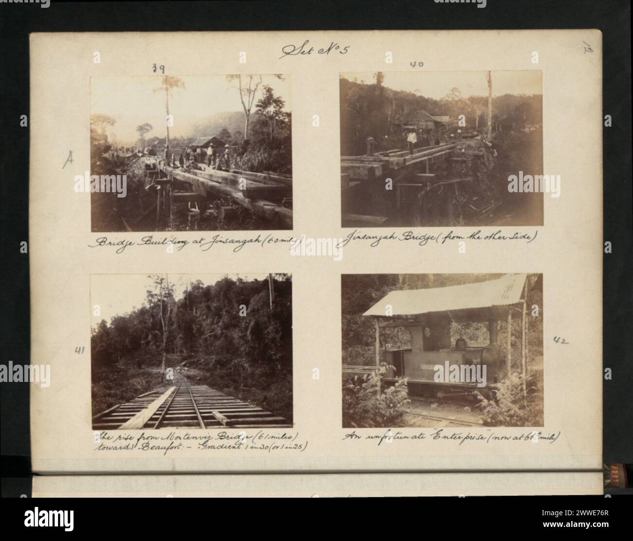 Brückenbau in Jinsangah (60 km), Blick auf die Jinsangah Bridge, Aufstieg von der Monteriver Bridge (61 km) in Richtung Beaufort mit Steigung 1 in 30 oder 1 in 25, und ein Unternehmen in 66 km in Borneo, Sabah, Malaysia. Stockfoto