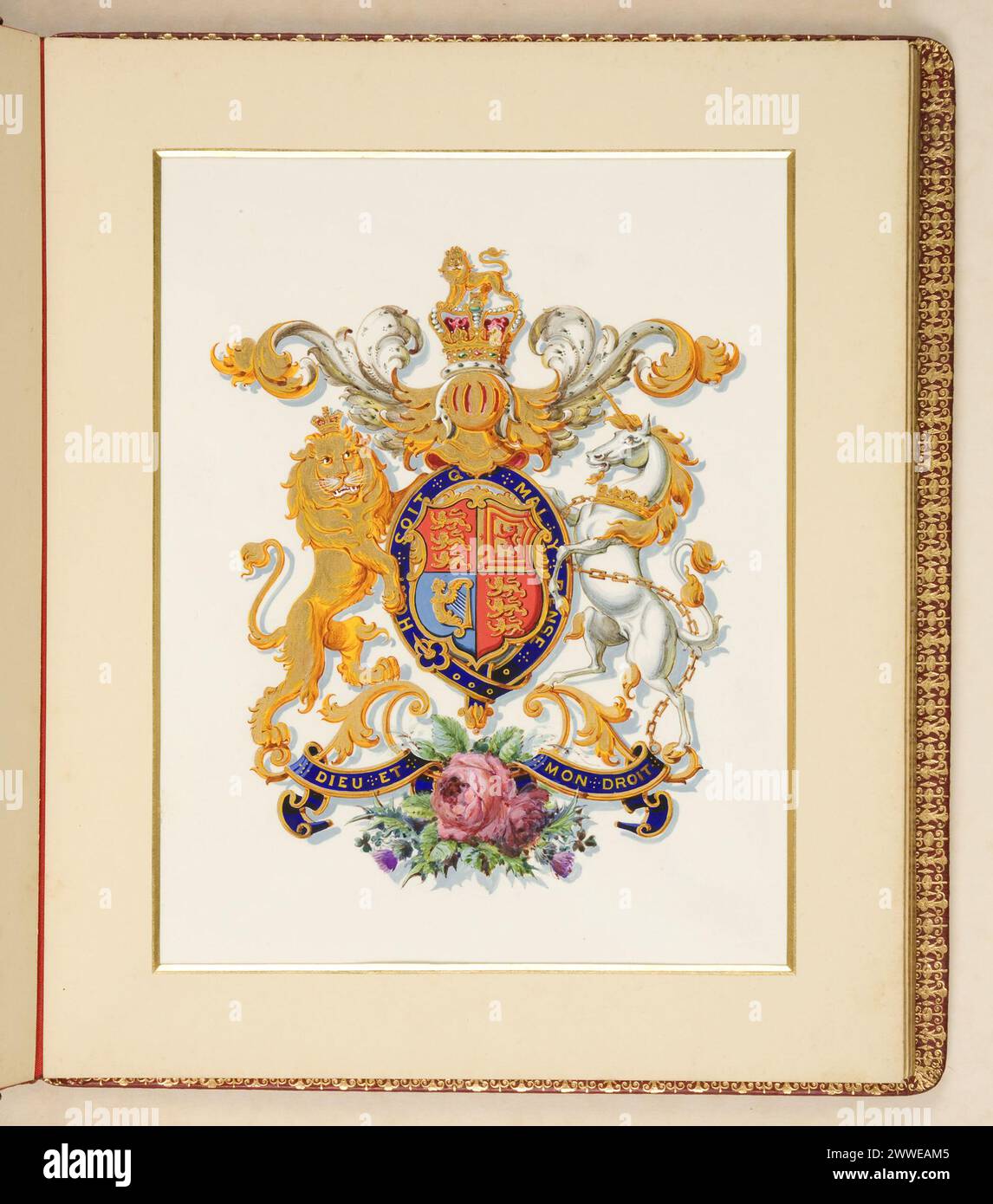 Die beleuchtete Ansprache von Briten in Mexiko an Königin Victoria im Jahr 1897 markierte ihr Diamantjubiläum, gebunden in marokkanischem Leder mit Goldmonogramm. Stockfoto