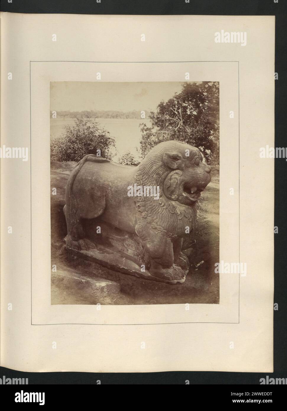 In der Audience Hall in Polonnaruwa, Ceylon, befindet sich eine mit Stein beschriftete Löwenskulptur, die 7 Fuß lang und 6 Fuß hoch ist. Stockfoto