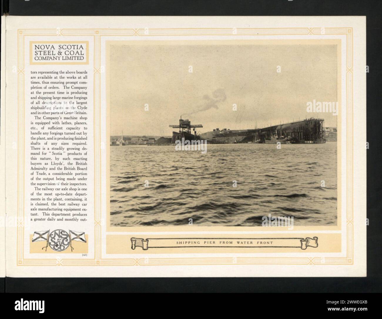 Eine Schiffsanlegestelle an der Uferpromenade der Nova Scotia Steel & Coal Company Limited, 1916, in Nova Scotia, Kanada, zum Be- und Entladen von Kohle- und Stahlmaterialien. Stockfoto