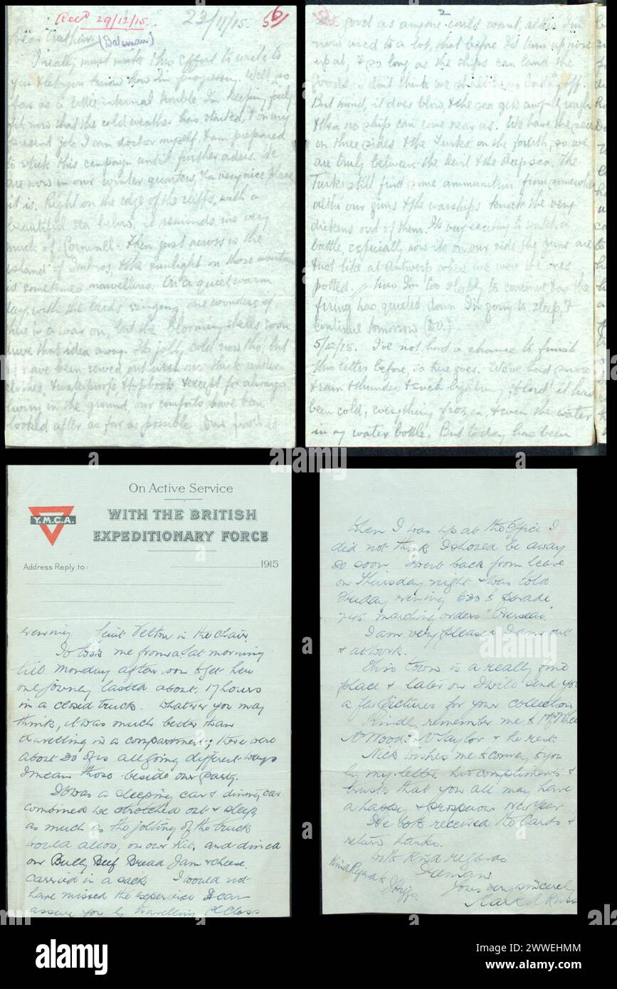 Weihnachten an der Front: Brief des Soldaten M.A. Russell vom 28. Dezember 1915, Frankreich. RAIL 253/516, eine Sammlung von Briefen, die von Mitarbeitern der Great Western Railway geschrieben wurden, die in den Krieg zogen. Unsere Katalogreferenz: RAIL 253/516 ww1, First World war, gwr, Great Western Railway Stockfoto