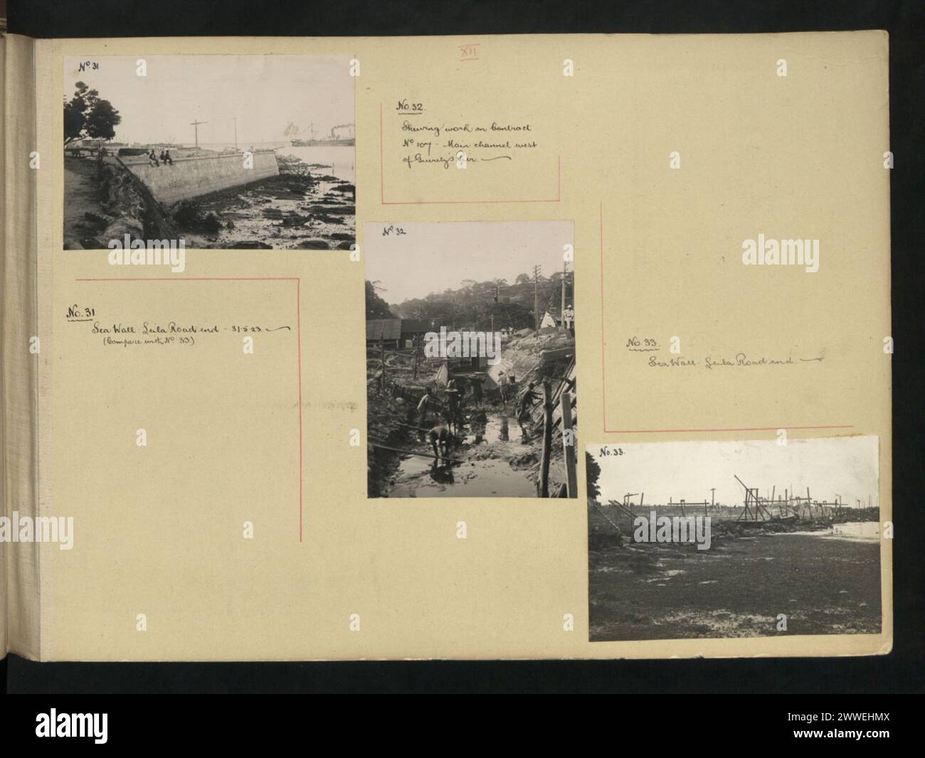 Sandakan Reclamation zeigt Arbeiten an der Leila Road End und am Hauptkanal westlich von Gueritz's Pier unter Vertrag Nr. 107 vom 31. Mai 1923 in Borneo. Stockfoto