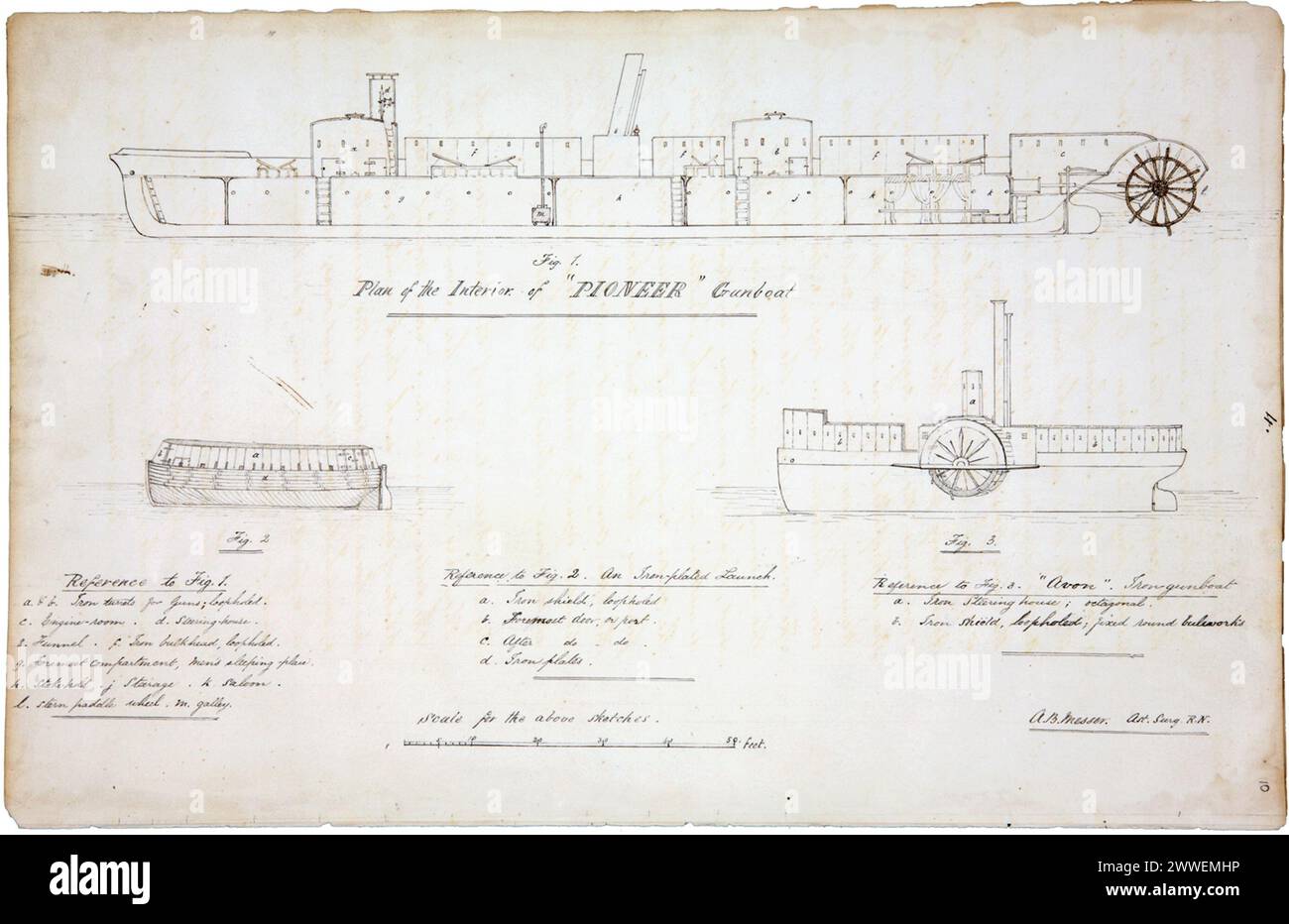 Pioneer Kanonenboot Beschreibung: Seite aus dem medizinischen und chirurgischen Journal von A B Messer, Assistenzchirurg an Bord der HMS Curacoa. Plan des Innenraums des Kanonenbootes, das vom Schiff geschickt wurde, um eine Maori-Rebellion in Neuseeland niederzuschlagen. Dieser Angriff wird manchmal als Waikato-Invasion bezeichnet und war der größte Konflikt zwischen europäischen Migranten und den Maori in den Neuseeländischen Kriegen Mitte des 19. Jahrhunderts. Datum: 1863-4 newzealand, admiralität Stockfoto