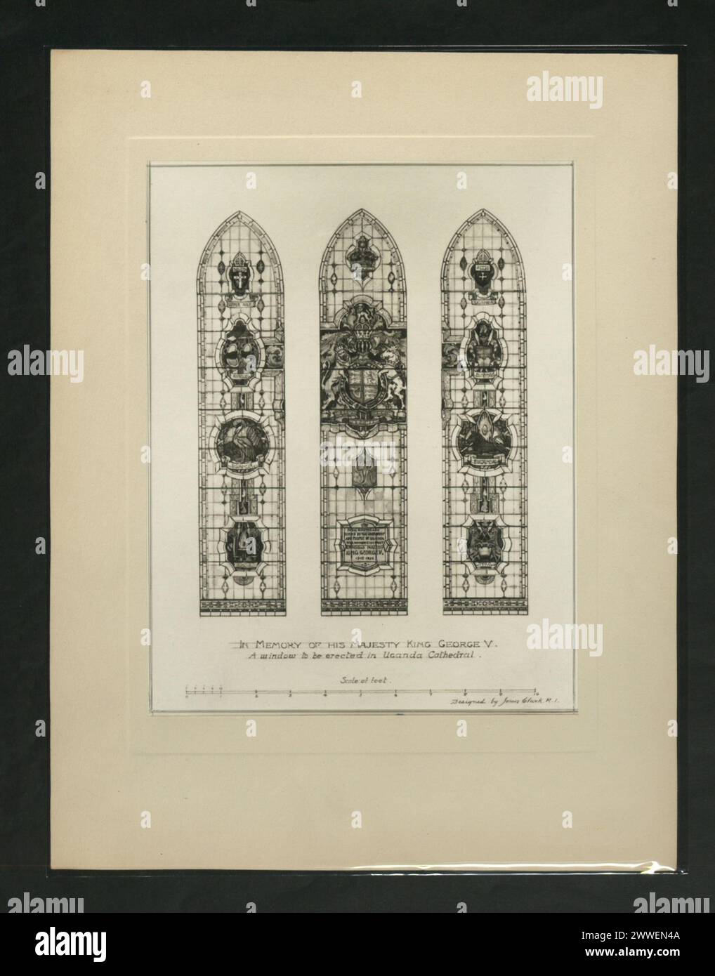 Beschreibung: Zum Gedenken an seine Majestät König Georg V. Ein Fenster, das in der Kathedrale von Uganda errichtet werden soll. Entworfen von James Clark.R.I. Ort: Uganda afrika Stockfoto