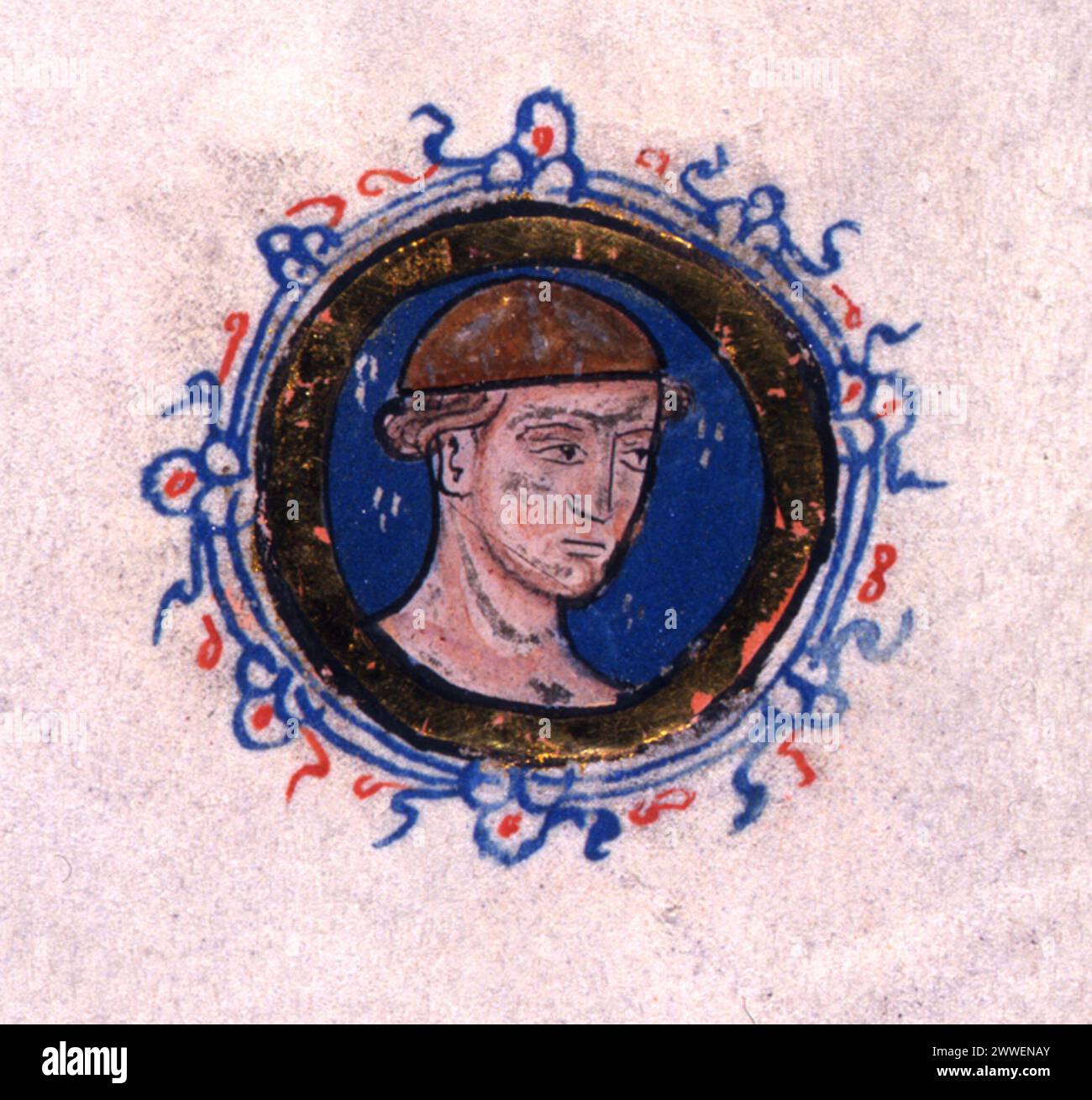 Beleuchtetes Manuskriptporträt eines Gutsbesitzers aus Kent oder Sussex aus dem 13. Jahrhundert, aus der Abbreviatio oder gekürzten Version des Domesday Book mit Goldschmuck aus der Zeit um 1240. Stockfoto