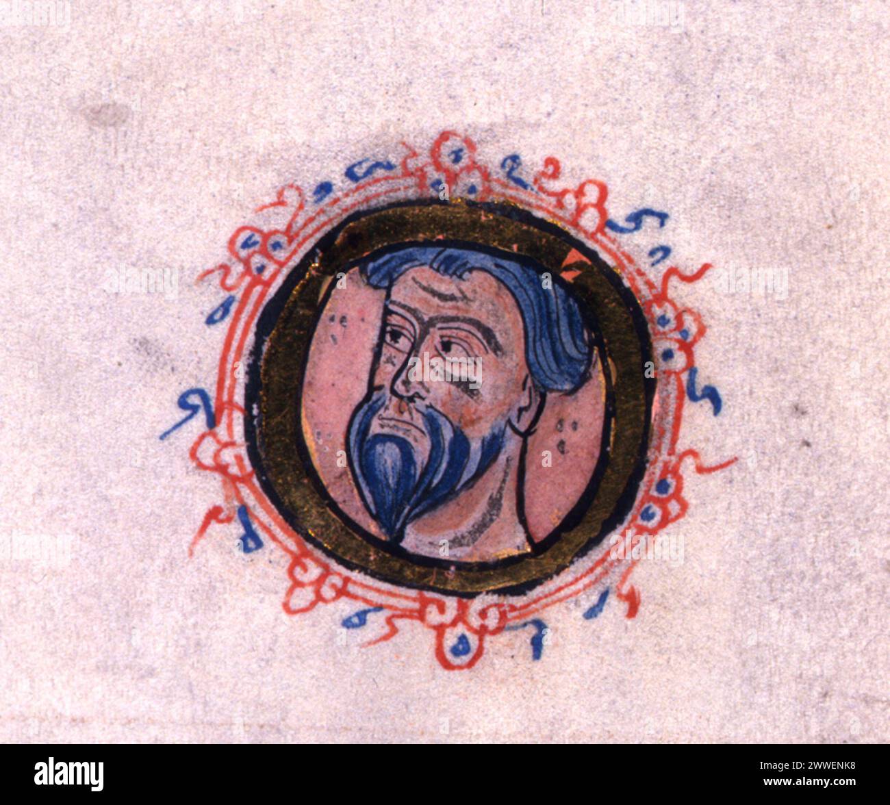 Beleuchtetes Porträt aus dem Jahr 1240, das einen Landbesitzer aus dem 13. Jahrhundert in Kent oder Sussex darstellt. Das Bild stammt aus einer vergoldeten Handschrift, die als „Abbreviatio“ des Domesday Book bekannt ist. Stockfoto