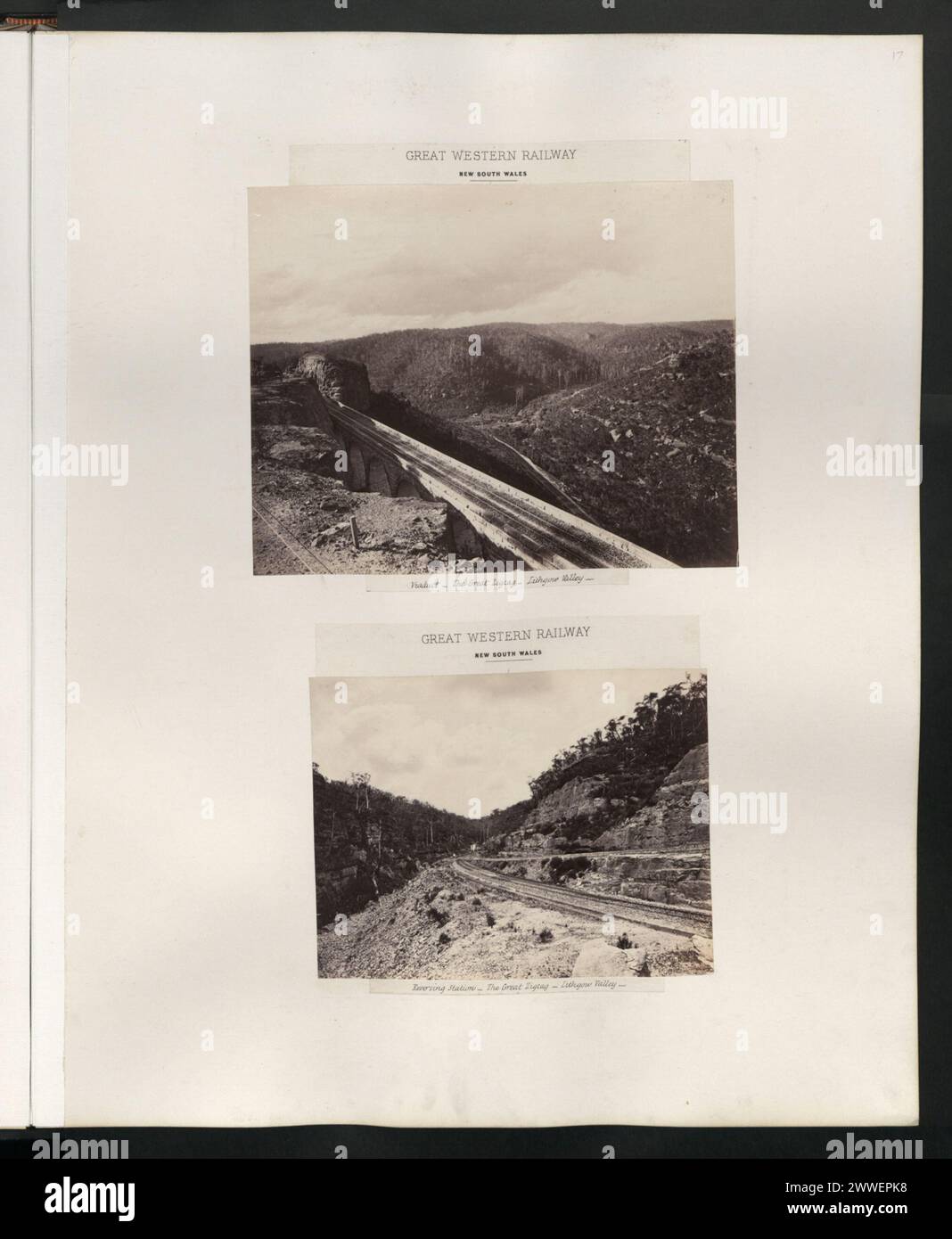 Dieses Foto zeigt den Great Zigzag Abschnitt der Great Western Railway im Lithgow Valley, New South Wales, Australien, das 1876 aufgenommen wurde. Das Bild zeigt die komplexe Eisenbahnkonstruktion, die erforderlich ist, um durch das steile Gelände des Tales zu navigieren. Stockfoto