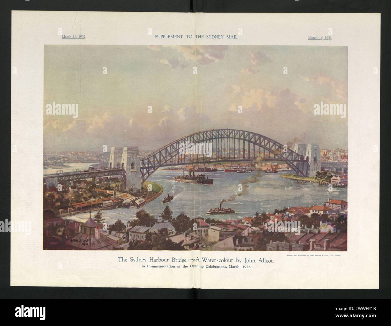 Beschreibung: Die Sydney Harbour Bridge - Eine Aquarellfarbe von John Allcot. Anlässlich der Eröffnungsfeier im März 1932. Ort: Sydney, New South Wales, Australien Datum: 23. März 1932 Bridge, Watercolor, australien, Sydneyharbor, Sydneyharbour, Sydneyharbourbridge, australasien, ozeanien, Erzbrücke, Sydneyharborbridge, Durchgangsbrücke, australasiathroughalens Stockfoto Beschreibung: Die Sydney Harbour Bridge - Eine Aquarellfarbe von John Allcot. Anlässlich der Eröffnungsfeier im März 1932. Ort: Sydney, New South Wales, Australien Datum: 23. März 1932 Bridge, Watercolor, australien, Sydneyharbor, Sydneyharbour, Sydneyharbourbridge, australasien, ozeanien, Erzbrücke, Sydneyharborbridge, Durchgangsbrücke, australasiathroughalens Stockfoto