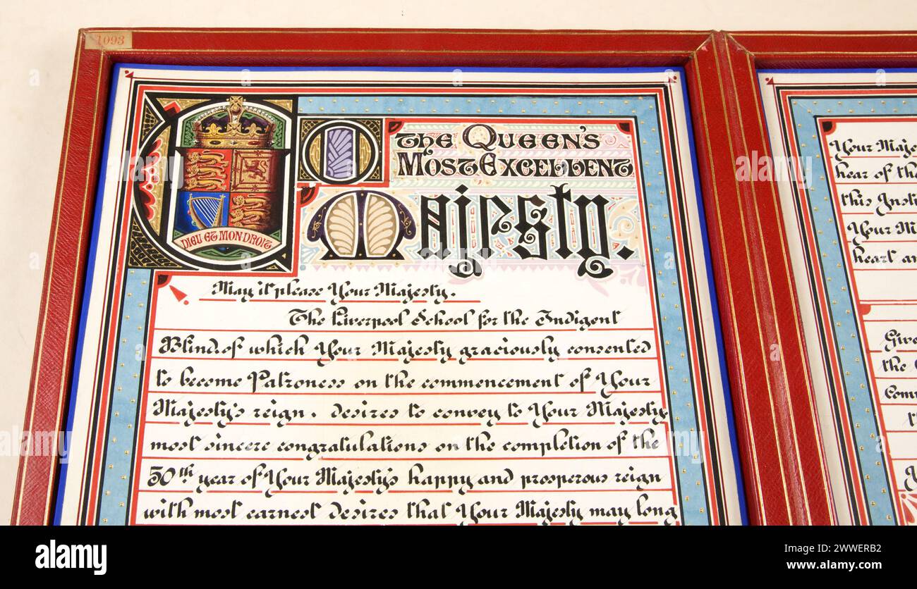 PP1-57-2 (2) Liverpool Blind Asylum Beschreibung: Von der Liverpool School for Indigent Blind: Ansprache an Königin Victoria zu ihrem Goldenen Jubiläum. Beleuchtet; gebunden in Leder. Datum: 1887. Jubiläum, Queenvictoria, pp1, Loyaladdress Stockfoto