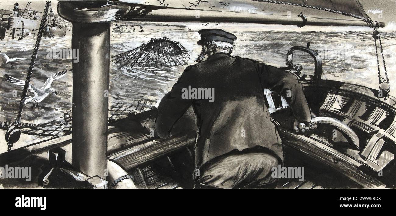 Eine Illustration aus "Ditty Box", die eine Marinemine zeigt, die in einem Fischernetz gefangen wurde, veröffentlicht in einem Kriegszeitmagazin. Katalognummer: INF 3/789. Stockfoto