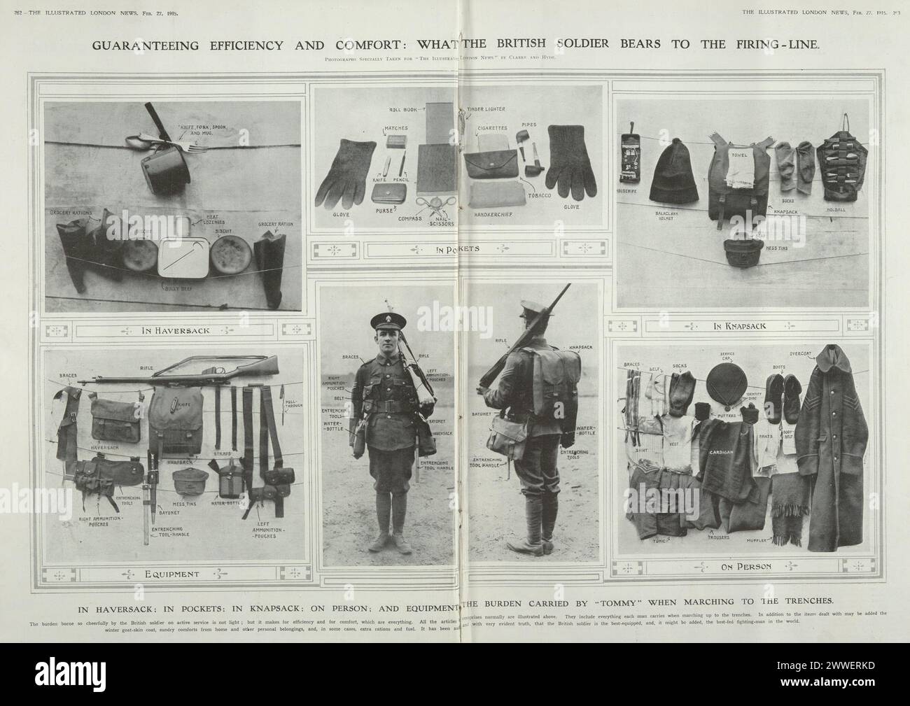 Eine Darstellung der illustrierten London News, die das Kit eines Soldaten zeigt. Beschreibung: 'Was der britische Soldat an der Schusslinie trägt': Ein Merkmal in den Illustrated London News, das das Kit zeigt, das ein Soldat bei sich trug. Soldat, Gewehr, britisharmy, riechen, leeenfield, Shortmagazineleeenfield, leeenfieldrifle, leeenfieldmk1rifle Stockfoto