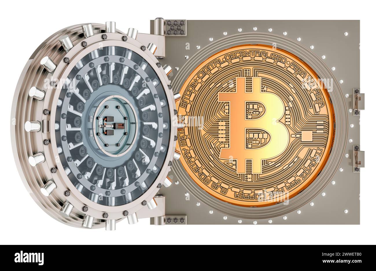 Bitcoin in geöffnetem BankTresor, 3D-Rendering isoliert auf weißem Hintergrund Stockfoto