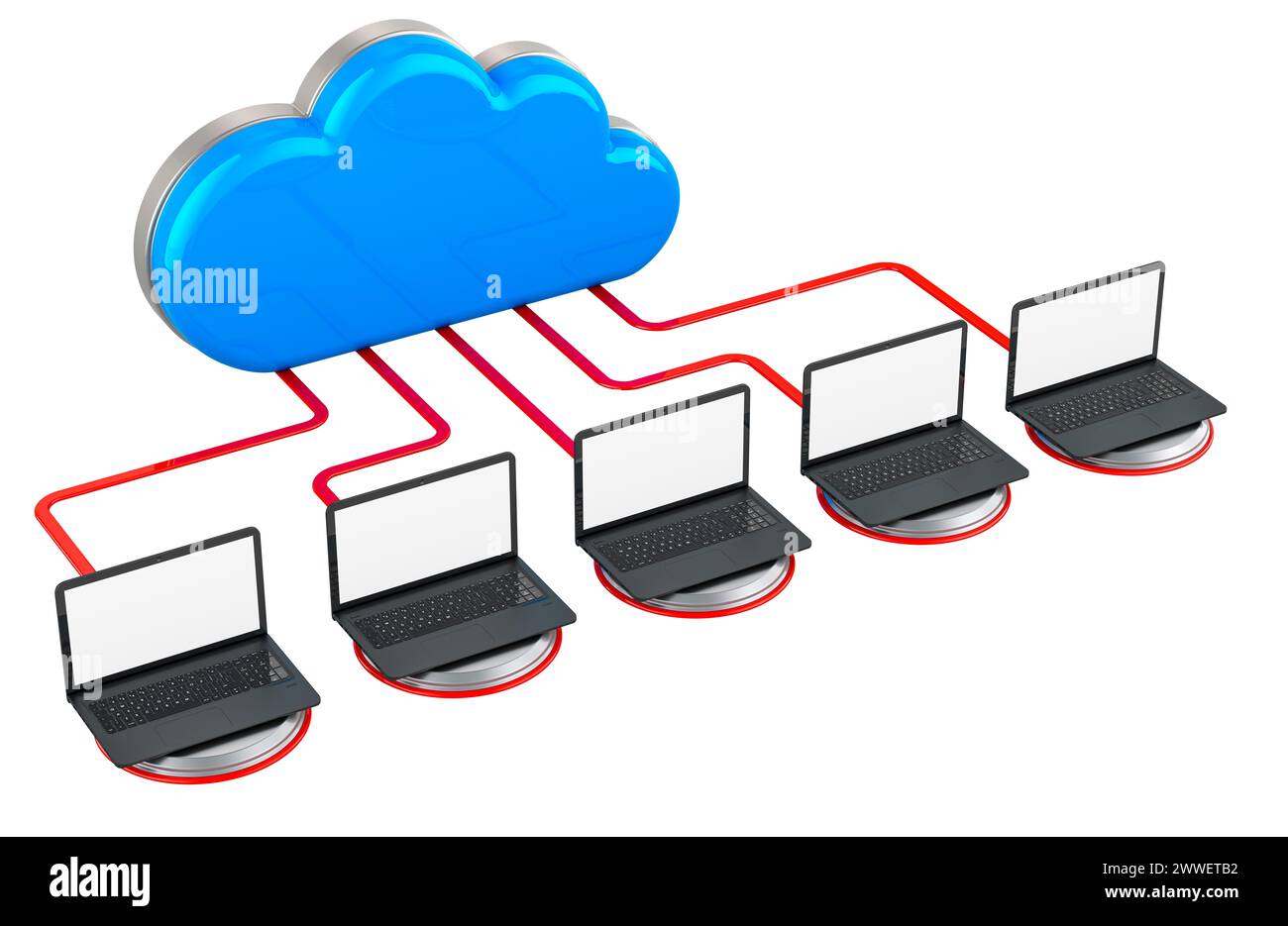 Computer-Cloud mit Notebook-Computern. Internetanschlusskonzept. 3D-Rendering isoliert auf weißem Hintergrund Stockfoto