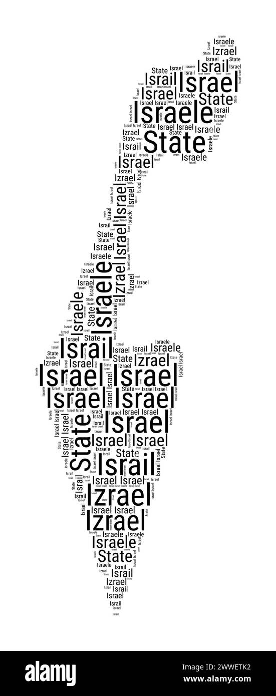 Schwarz-weiß-Wortwolke in israelischer Form. Einfache typografische Darstellung des Landes. Schwarzer Text auf weißem Hintergrund. Stock Vektor