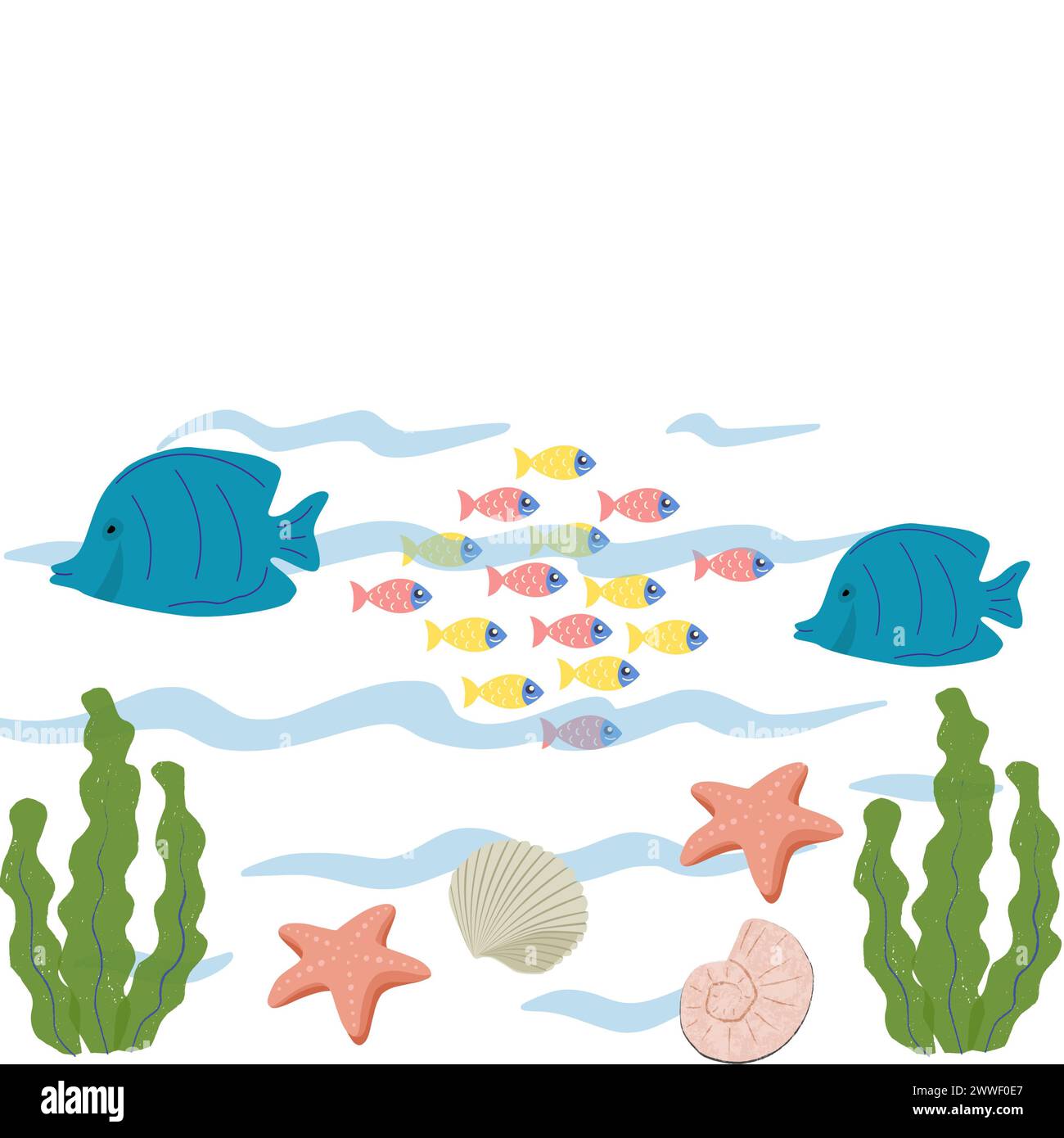 Eine animierte Darstellung von Meeresbewohnern in mehreren Farben auf weißem Hintergrund, die Unterwasserleben oder eine Meereslandschaft zeigt. Stock Vektor