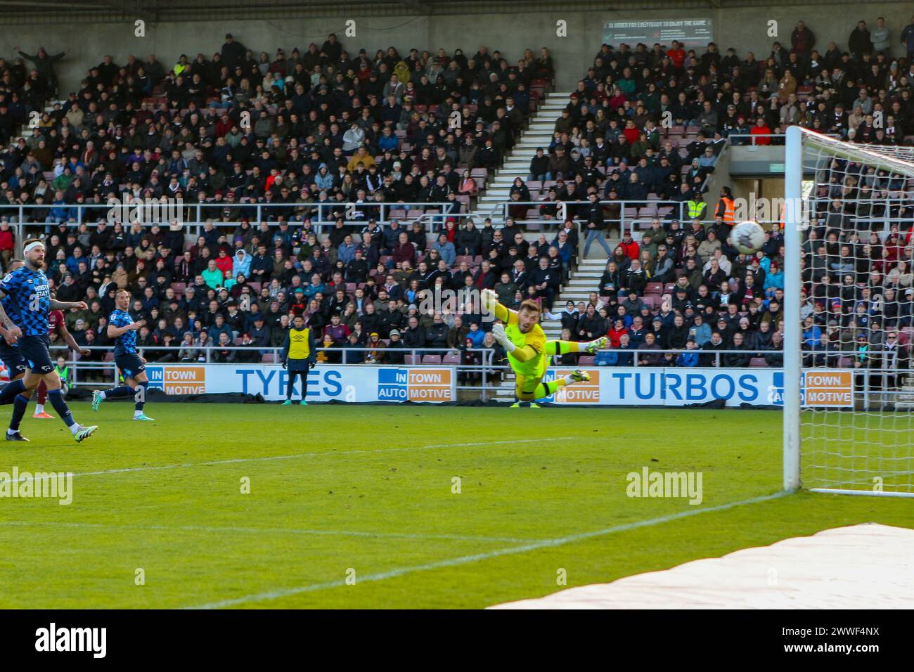 Northampton, UK, 23. März 2024: Ein Schuss von Emmanuel Monthe aus Northampton Town schlägt Derby County Torhüter Joe Wildsmith und trifft den Posten in der EFL League One Northampton Town gegen Derby County Credit: Clive Stapleton/Alamy Live News Stockfoto