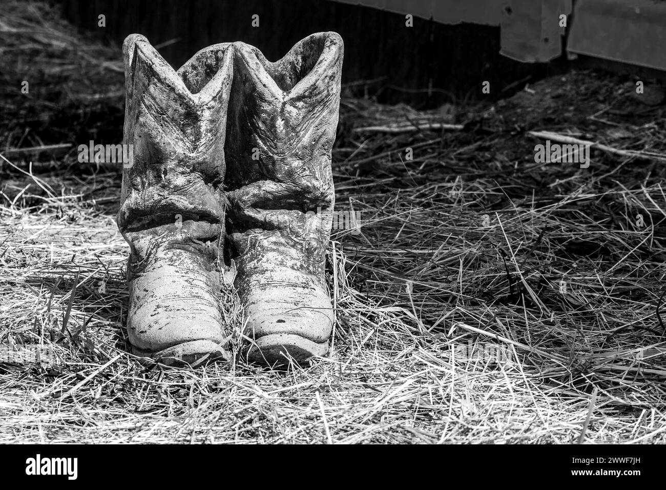 Ein paar gut getragene Arbeitsstiefel, die auf dem Feld sitzen Stockfoto