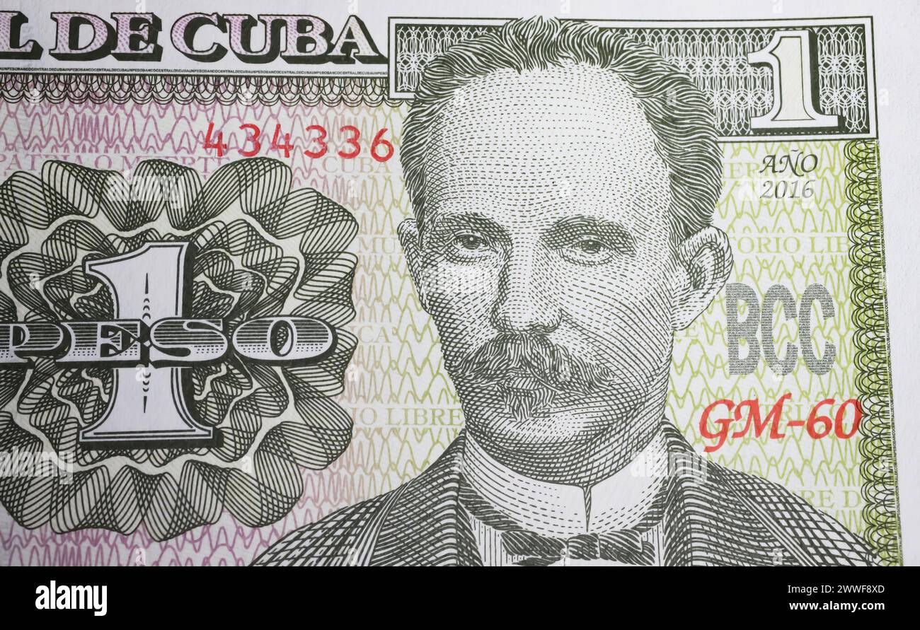 Porträt des Dichters, Schriftstellers, Philosophen und nationalistischen Führers Jose Marti auf Kuba 1-Peso-Banknote (Schwerpunkt auf der Mitte) Stockfoto