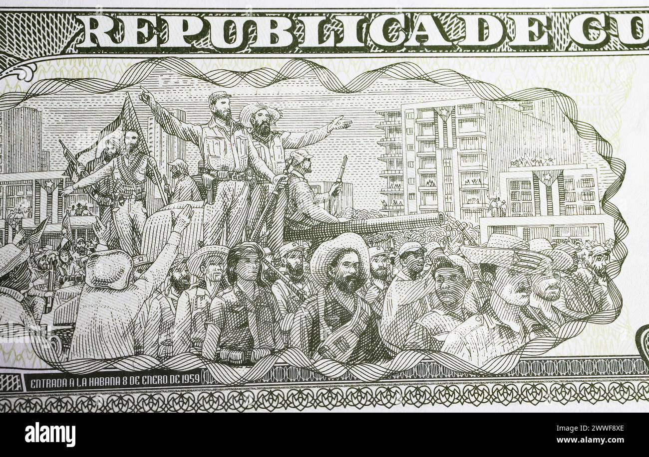 Zeichenszene von Fidel Castro und seinen Männern, die Havanna 1959 auf einer Banknote betreten (Schwerpunkt auf der Mitte) Stockfoto