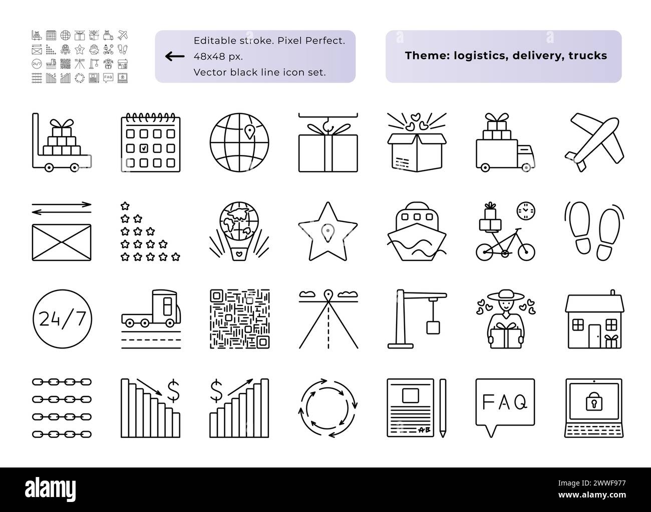 Logistik und Fracht. Vektorsymbole mit schwarzen Linien, 28 Zeichen – 48x48 px (bearbeitbare Kontur, Pixel perfekt) und 300x300 px (nicht bearbeitbare Kontur, Pixel perfe Stock Vektor