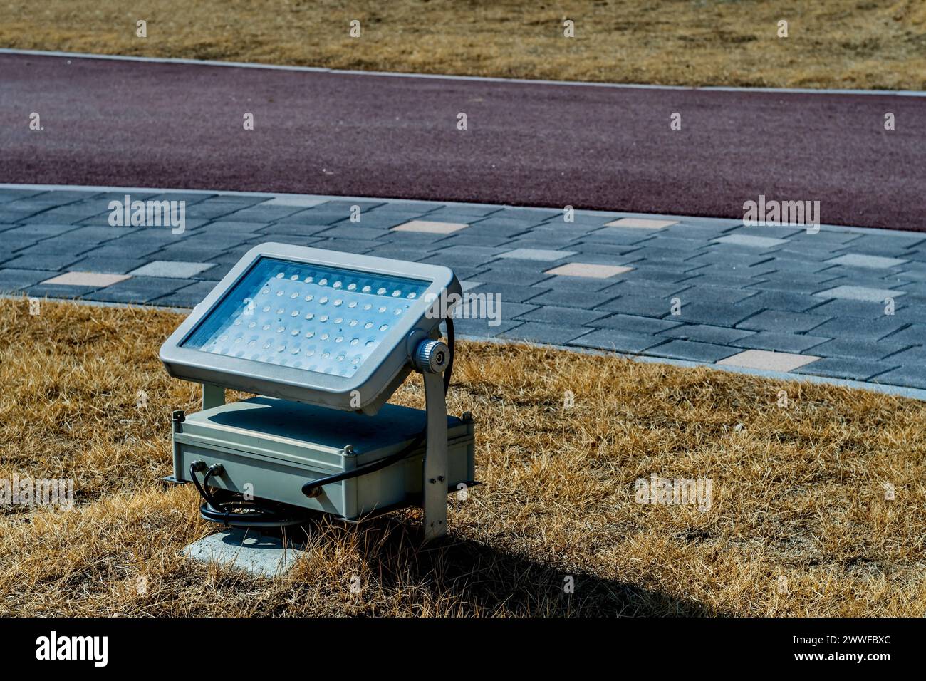 Ein LED-Flutlicht, das bei Tageslicht auf dem Gras neben einem gepflasterten Weg in Südkorea installiert ist Stockfoto