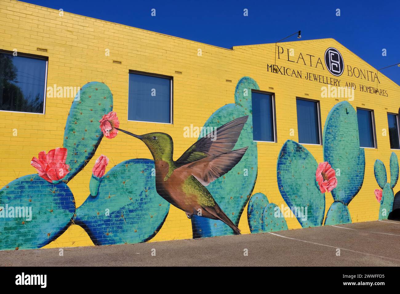 Farbenfrohe Wandkunst am Plata Bonita Mexican Jewellery and Homewares Building, North Fremantle, Perth, Western Australia Stockfoto