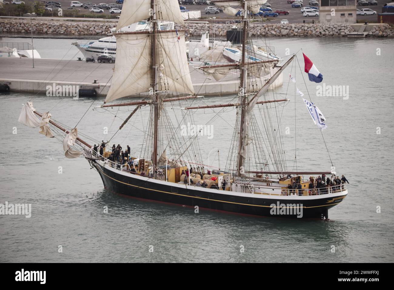 Sete, Frankreich. 12. April 2022. Die Morgenster kommt auf der Escale à Sete an, dem ersten Seetreffen in Sete, Frankreich Stockfoto