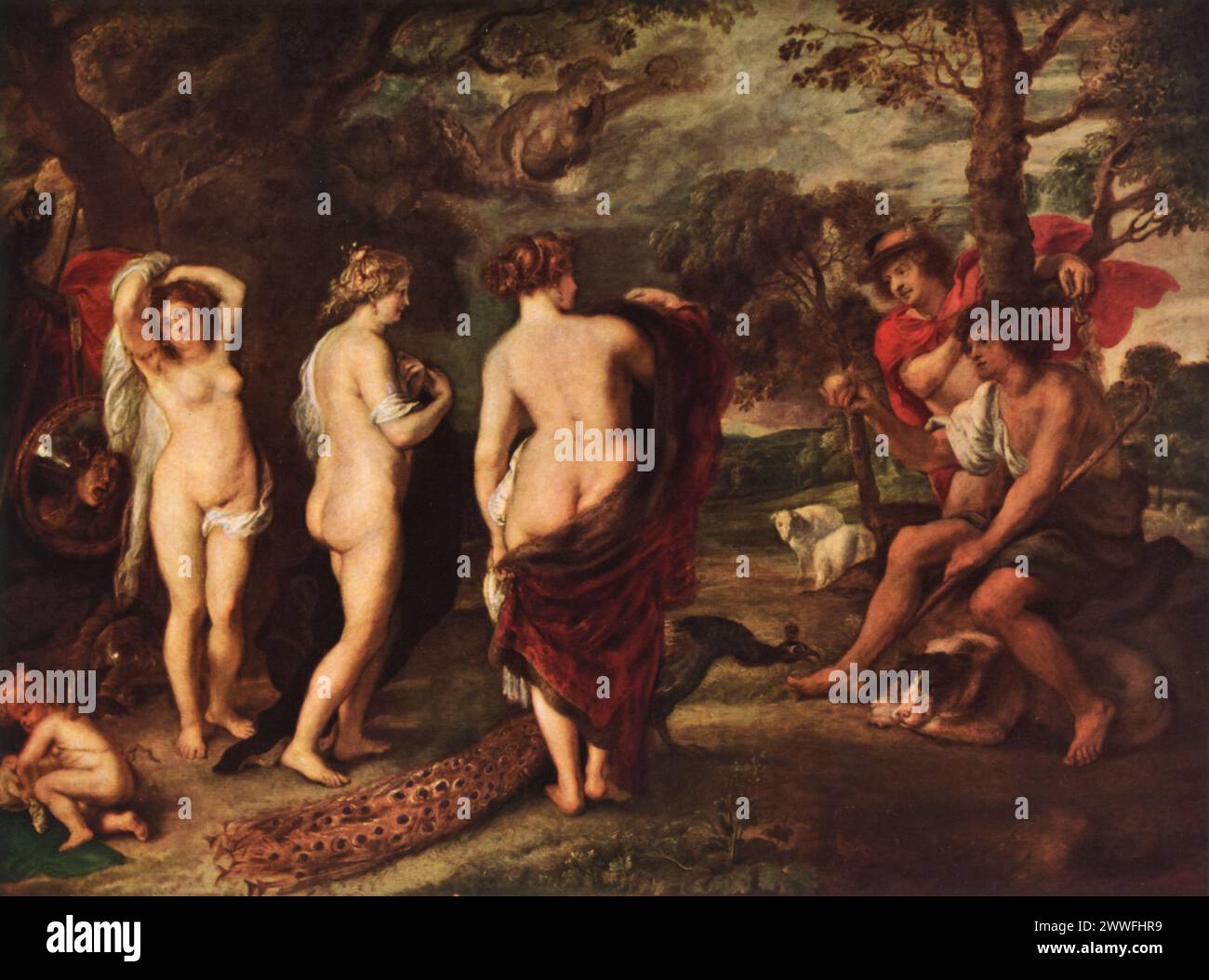 Peter Paul Rubens’ „das Gericht von Paris“ (um 1636): In der National Gallery, London, veranschaulicht dieses Stück den Mythos, der zum Trojanischen Krieg führte, wobei Paris Aphrodite als die Schönste wählte. Rubens' barocker Stil betont dynamische Figuren und Drama und vermittelt effektiv die Komplexität der Erzählung. Stockfoto