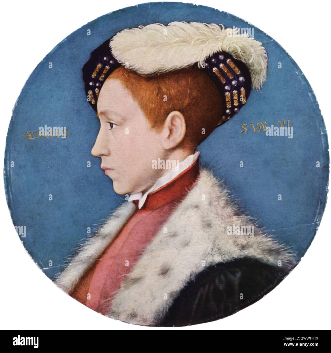 Hans Holbeins „Edward VI als Prinz von Wales“ (um 1538): Dieses Porträt des jungen Eduards VI. In der National Gallery of Art, Washington D.C., beleuchtet den Status des zukünftigen Königs und die Macht der Tudor-Dynastie. Holbeins geschickte Darstellung verbindet königlichen Symbolismus mit einer realistischen Darstellung Eduards und demonstriert damit die Rolle des Künstlers als Schlüsselfigur im Renaissanceporträt. Stockfoto