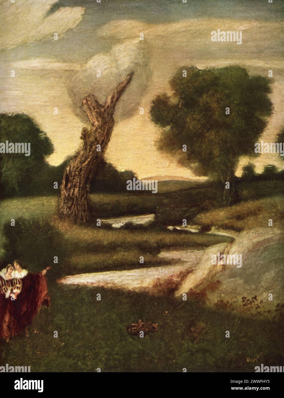 Albert Pinkham Ryders „der Wald von Arden“ (ca. 1888-1897): Dieses Gemälde, das Teil der Sammlung des Smithsonian American Art Museum ist, fängt die mystische und ruhige Essenz des legendären Waldes aus Shakespeares „wie Sie es mögen“ ein. Das Werk ist ein Zeugnis von Ryders einzigartiger Vision und seiner Fähigkeit, seine Landschaften mit einem Gefühl von Mysterium und Transzendenz zu füllen, was ihn als eine bedeutende Figur in der amerikanischen Romantik kennzeichnet. Stockfoto