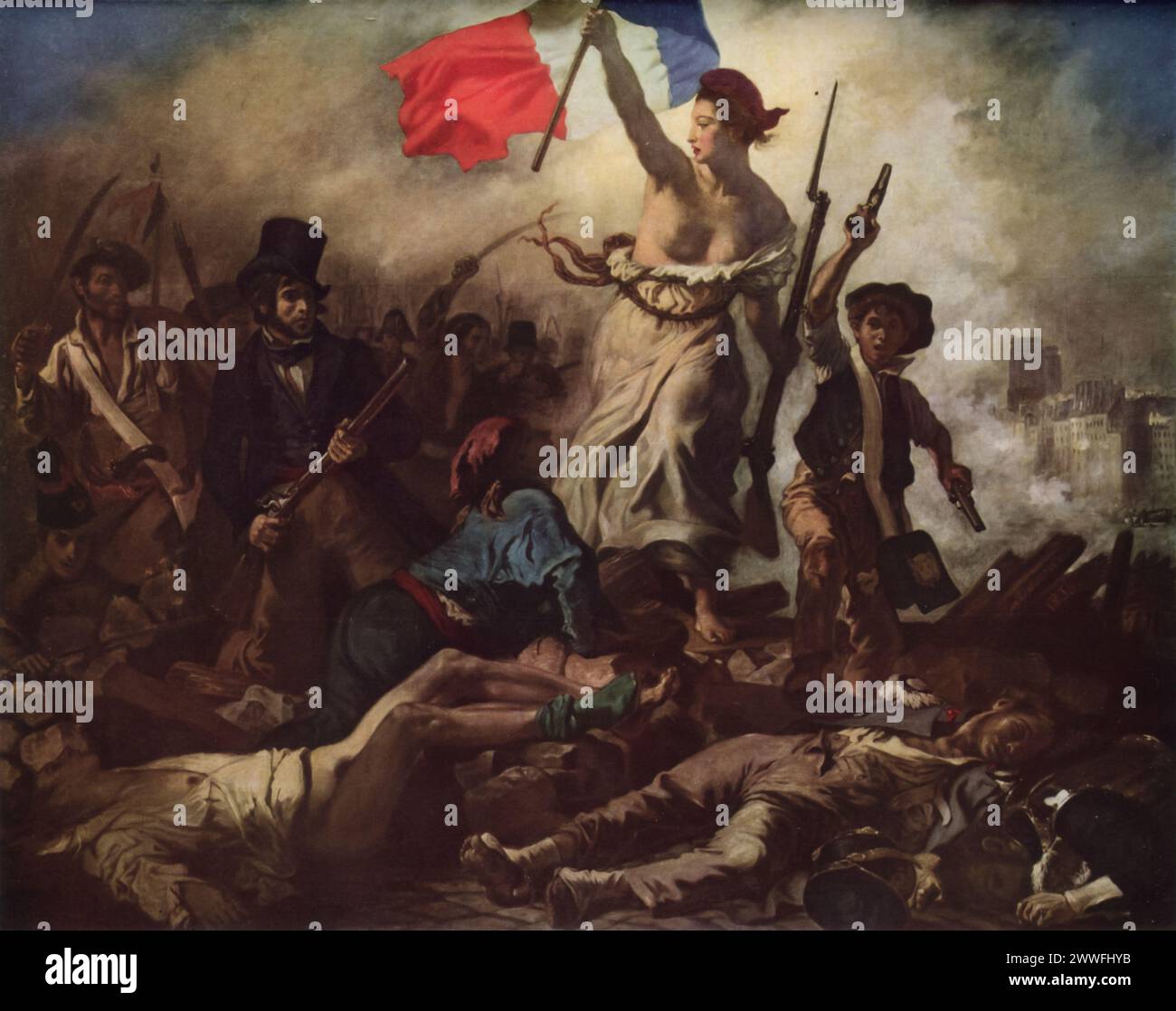 Eugène Delacroix's 'Freiheit führt das Volk' (um 1830): Dieses ikonische Gemälde im Louvre in Paris erinnert an die Juli-Revolution von 1830 in Frankreich. Es zeigt eine personifizierte Freiheit, die einen Angriff über die Barrikaden führt, wobei die französische Trikolore hoch gehalten werden. Das Werk fängt auf brillante Weise das Wesen des Kampfes für Freiheit und Gerechtigkeit ein und wird zu einem Symbol für politischen Wandel und den Kampf für Freiheit. Stockfoto