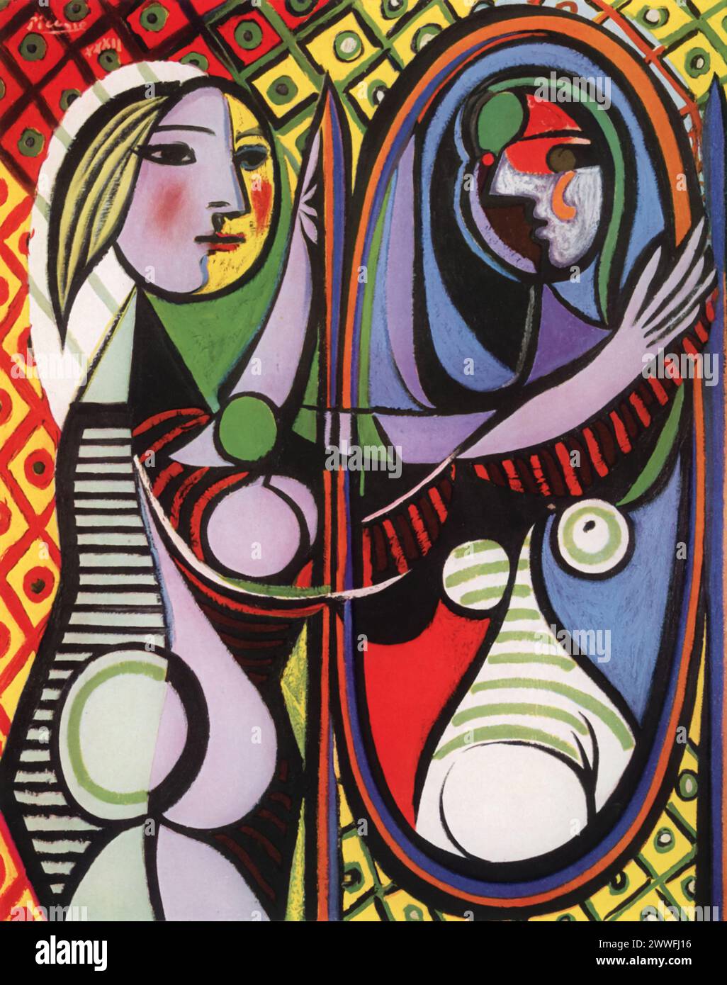 Pablo Picassos „Junges Mädchen vor einem Spiegel“ (um 1932): Dieses Gemälde im Museum of Modern Art, New York, ist ein eindrucksvolles Beispiel für Picassos Erforschung von Form, Farbe und psychologischer Tiefe durch die kubistische Linse. Das Werk stellt Marie-Thérèse Walter, Picassos Muse und Geliebte dar und beschäftigt sich mit ihrer Reflexion in einem Spiegel, der einen verzerrten und facettenreichen Blick auf ihre Figur präsentiert. Stockfoto