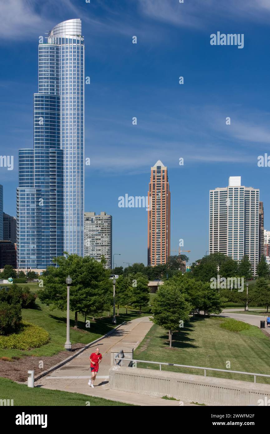 Chicago, Illinois. - Neue Hochhauswohnung südlich des Stadtzentrums. Jogger Am Morgen. Stockfoto