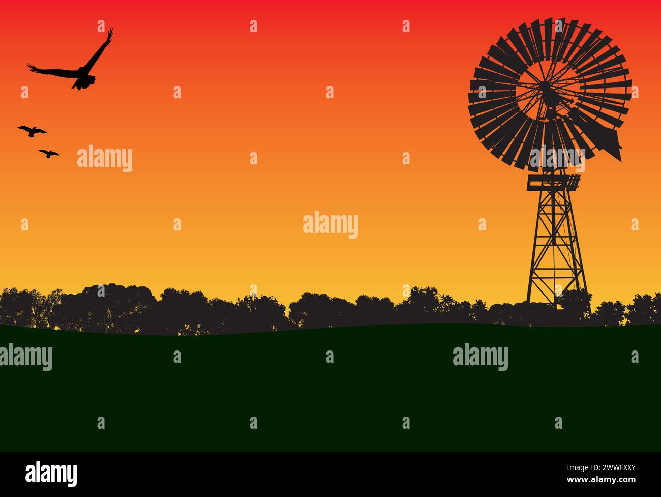 Silhouette aus Windmühle und Kaugummi, drei Vögel fliegen im Sonnenuntergang Stock Vektor