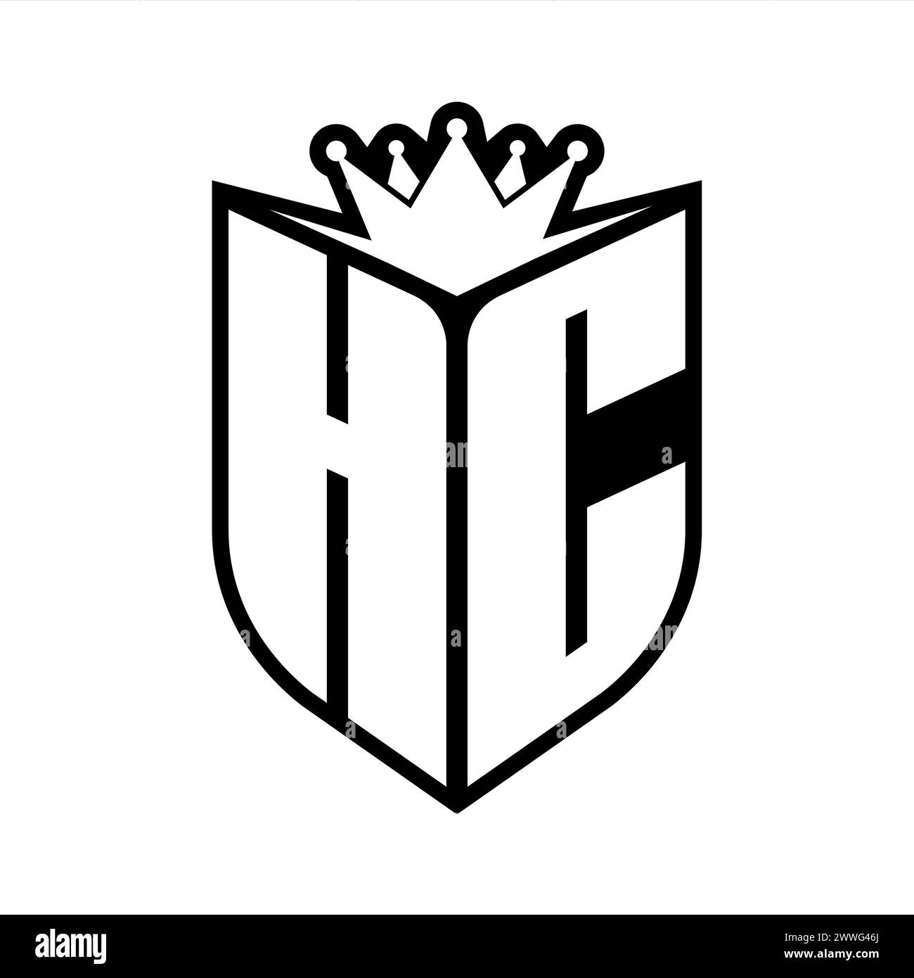 Auffälliges Monogramm mit HC-Letter in Schildform und scharfer Krone im Schild in Schwarz-weiß-Farbe Stockfoto