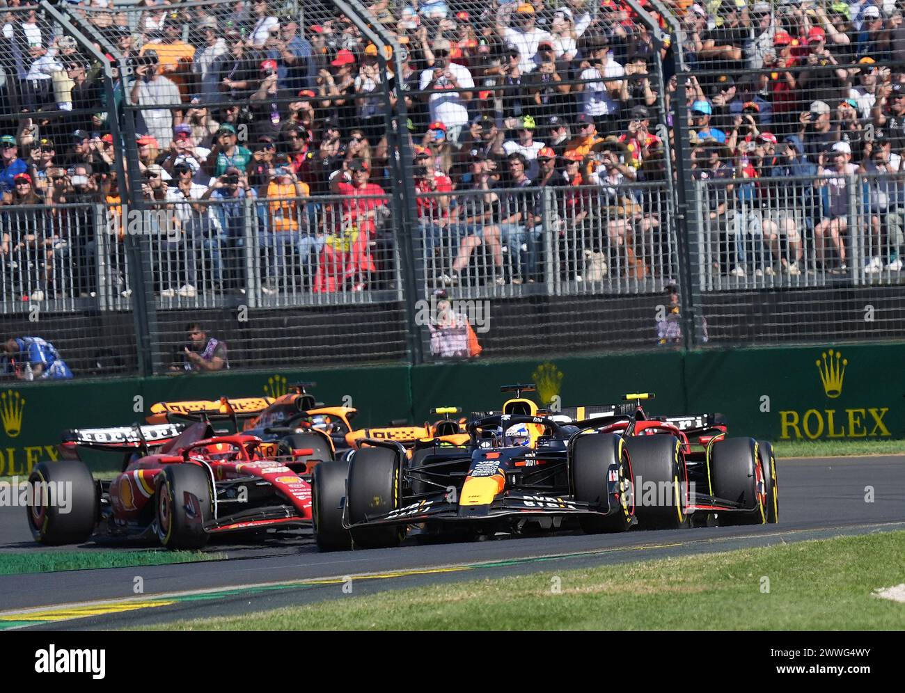 Melbourne, Australien. März 2024. Motorsport: Formel-1-Weltmeisterschaft, Grand Prix von Australien, Rennen, Rennen Start: max Verstappen aus den Niederlanden vom Team Oracle Red Bull, Carlos Sainz aus Spanien vom Team Scuderia Ferrari, Charles Leclerc aus Monaco vom Team Scuderia Ferrari, Lando Norris aus Großbritannien vom Team McLaren und Oscar Piastri aus Australien vom Team McLaren sind auf der Strecke in Melbourne. Quelle: Hasan Bratic/dpa/Alamy Live News Stockfoto