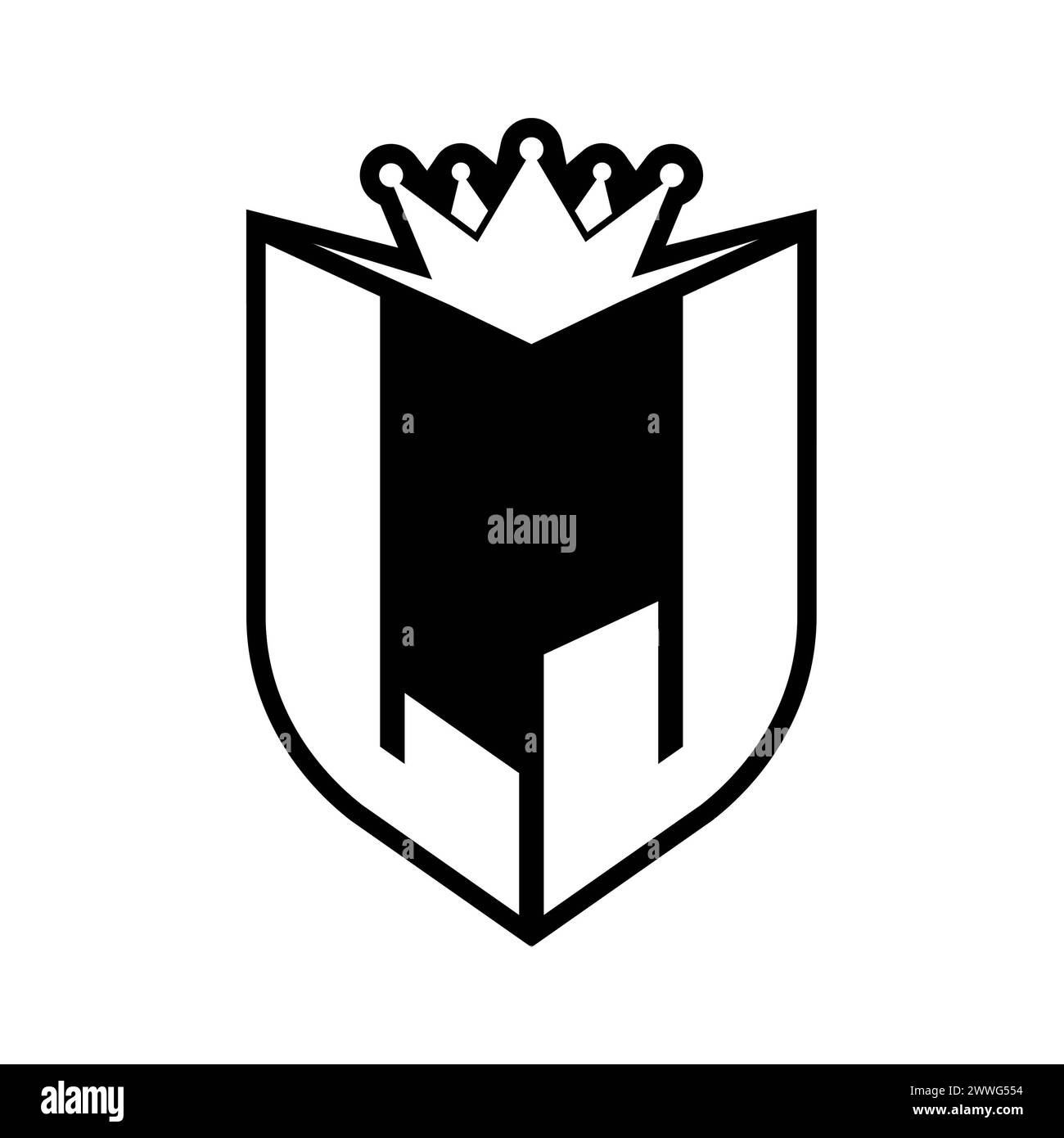 Auffälliges Monogramm des LJ-Letters mit Schildform und scharfer Krone im Schild in schwarz-weißer Farbvorlage Stockfoto