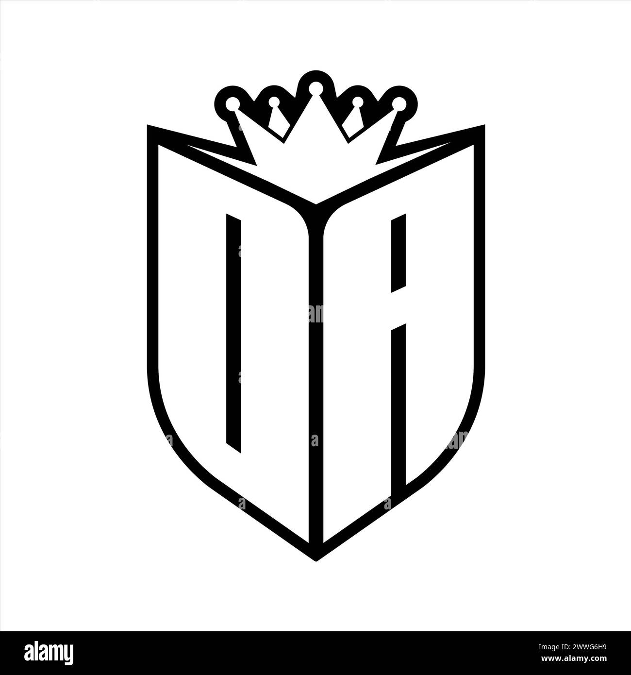 Auffälliges Monogramm mit Schildform und scharfer Krone im Schild in Schwarz-weiß-Farbvorlage Stockfoto