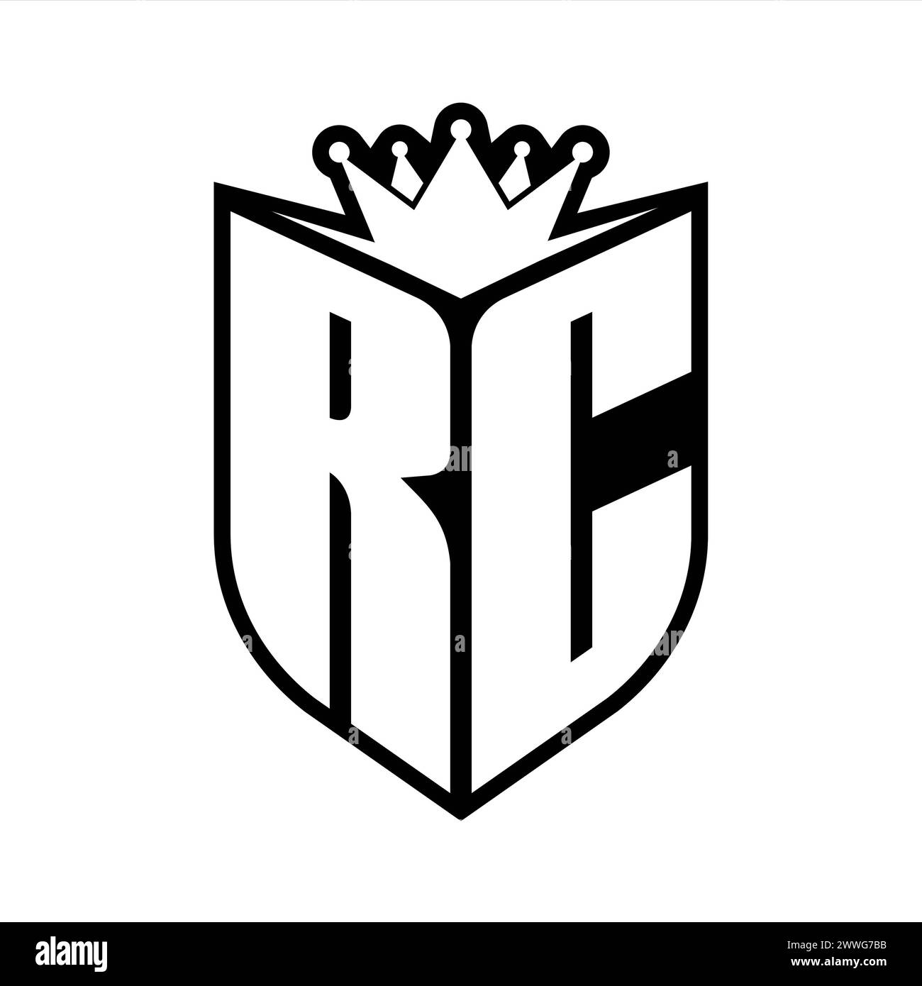 Auffälliges Monogramm mit RC Letter und scharfer Krone im Schild in Schwarz-weiß-Farbe Stockfoto