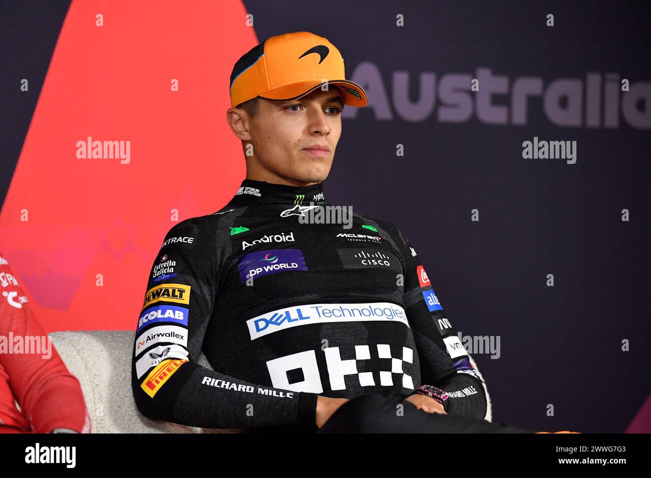 MELBOURNE, AUSTRALIEN, 24. März 2024. 04 Lando Norris (GBR) McLaren Formel-1-Team wurde Dritter beim Großen Preis von Australien, Norris ist hier bei der Pressekonferenz nach dem Rennen beim FIA Formel 1 Rolex Australian Grand Prix 2024 3. Runde vom 22. Bis 24. März auf dem Albert Park Street Circuit in Melbourne, Australien zu sehen. Quelle: Karl Phillipson/Alamy Live News Stockfoto