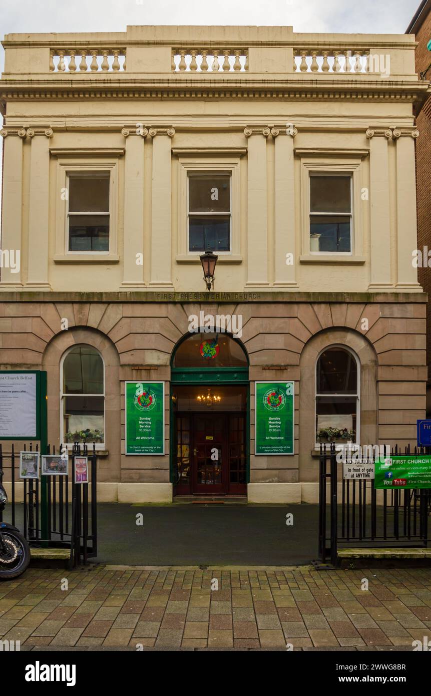 Belfast County Antrim Northern Ireland 23. Februar 2024 - erste Kirche Teil des Presbyterian in der Rosemary Street Belfasts Stadtzentrum. Stockfoto