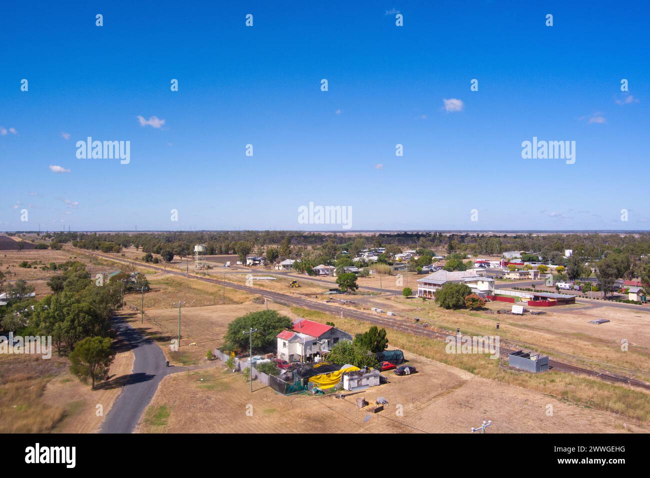 Aus der Vogelperspektive des kleinen Dorfes Darling Downs in Warra Queensland Australien Stockfoto