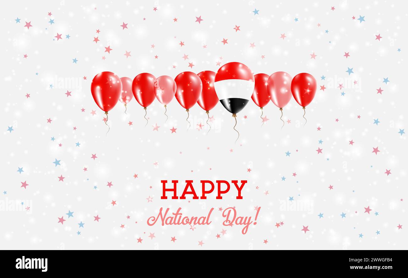 Jemen Unabhängigkeitstag Funkelndes Patriotisches Poster. Reihe von Ballons in Farben der jemenitischen Flagge. Grußkarte mit Nationalflaggen, Konfetti und Sternen Stock Vektor