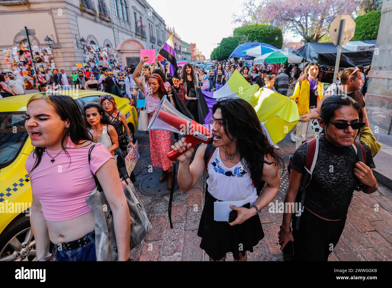 Queretaro, Mexiko. März 2024. Eine Gruppe der Transsexuellen hält während der Demonstration eine große Flagge. Der Transsexuelle Gemeindemarsch fand auf den Straßen des Stadtzentrums von Queretaro statt, um diesen gesellschaftlichen Bereich sichtbar zu machen.einer der Slogans ist, dass das Gender Law, das seit letztem Jahr im Kongress ist, verabschiedet und dass in Querétaro Sicherheits- und Antidiskriminierungsgarantien gegeben werden. (Foto: Cesar Gomez/SOPA Images/SIPA USA) Credit: SIPA USA/Alamy Live News Stockfoto