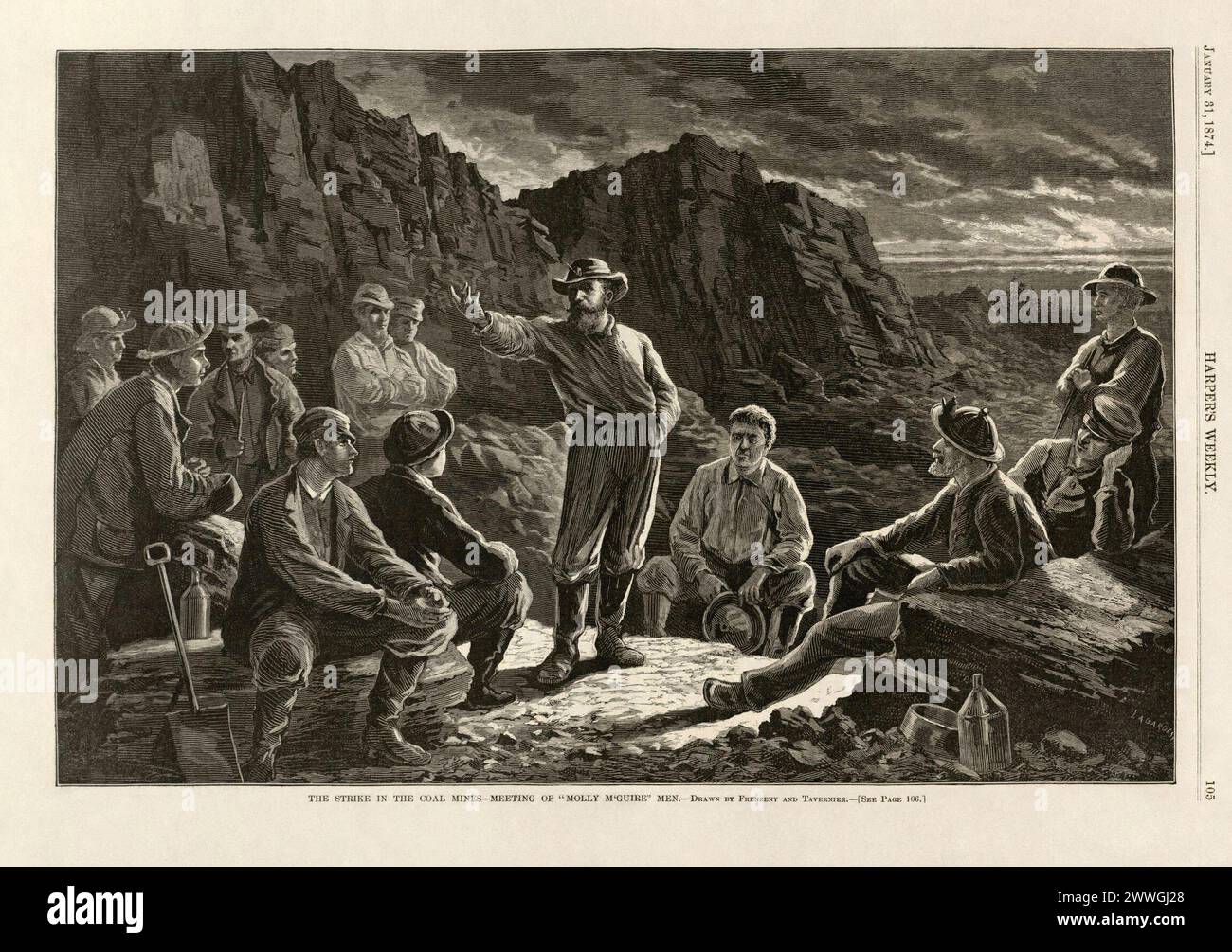 Der Streik in den Kohlebergwerken - Treffen von Molly M'Guire Men. Vintage Historical Lithography from Harper's Weekly, 31. Januar 1874. Der ausgedehnte Streik unter den Bergbauern in Pennsylvania, der auf die vorgeschlagenen re­duction in den Zahlungsraten folgt, bringt ihre mächtige Organisation, bekannt als die „Molly M’Guire Secret Society“, in besonderer Bedeutung hervor, die seit einigen Jahren einen weitreichenden Einfluss unter ihnen ausübt. Die coal­fields von Pennsylvania liegen vollständig unter ihrem con­trol, und ihre Zweige erstrecken sich bis in andere Bundesstaaten, in denen Kohle gefunden wird Stockfoto