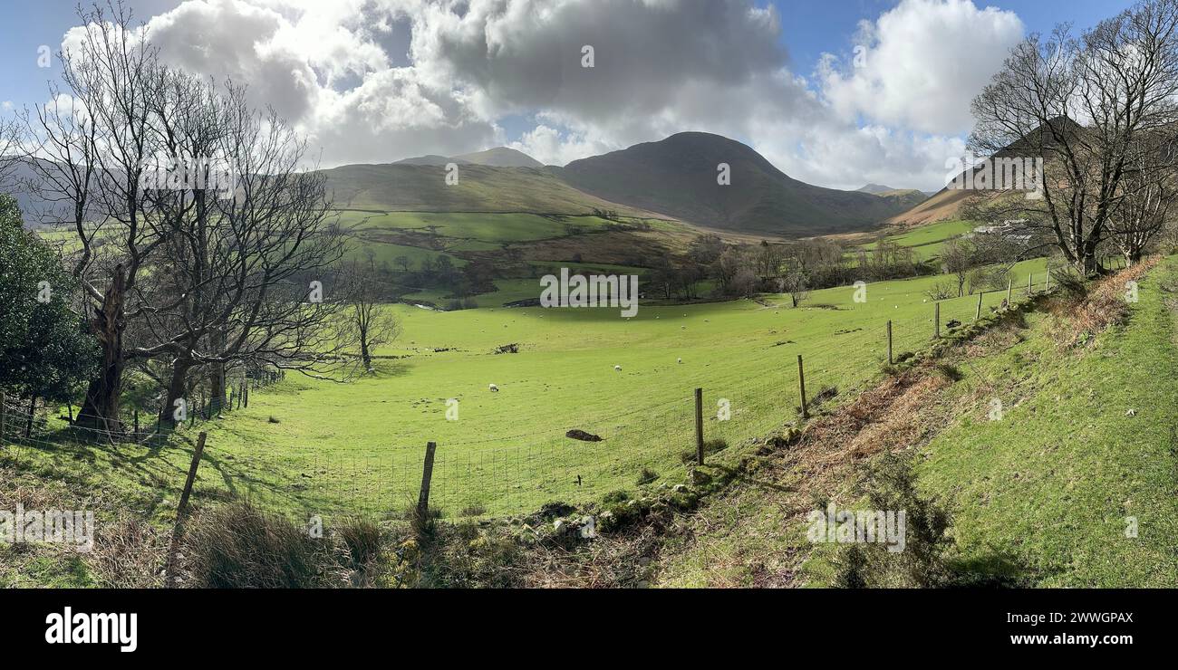 Ein Panoramablick auf das wunderschöne Newlands Valley im Lake District, England, an einem hellen Frühlingstag. Stockfoto